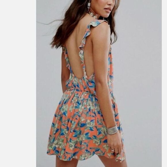 NWT FREE PEOPLE Dear You Dress Drawstring Waist Ruffle Straps Rayon Orange M nwt - Picture 5 of 11